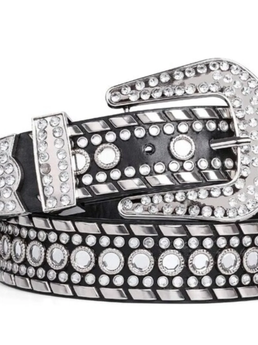 Rhinestone Studded Black Belt with Silver Buckle